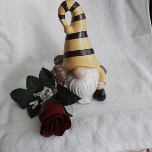 Yellow and Black Striped Gnome with Red Rose